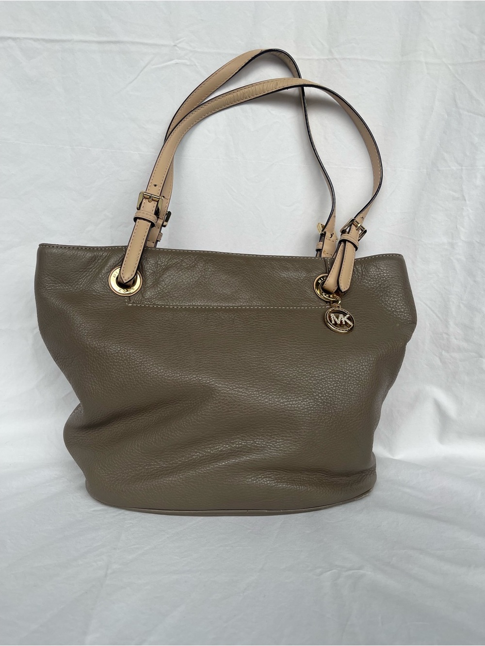 Michael Kors Olive Taupe Pebbled Leather Tote with Beige Straps